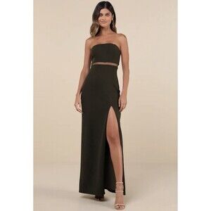 Lulu’s Enticing Silhouette Dark Olive Green  Mesh Strapless maxi Dress Size XL